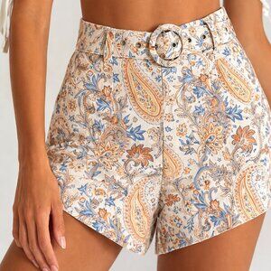 Charley Holiday Paisley Linen Blend High-Waisted Shorts w/ Belt
